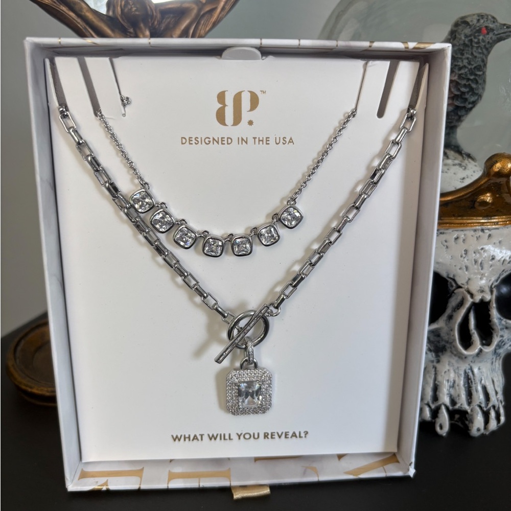 BP Silver Double-Layered Necklace Set with Lock Charm